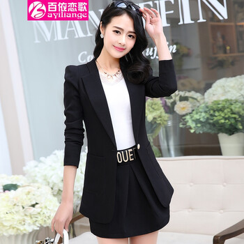 百依恋歌 春季新款女装韩版翻领修身显瘦一粒扣小西装外套 黑色 2XL