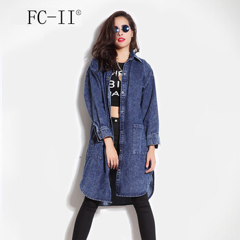 fcii 欧洲站牛仔外套超长款衬衫女风衣长袖复古大码时尚宽松潮女风衣 蓝色 S