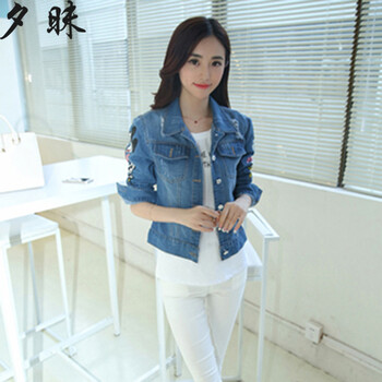 夕昧2015新款女装米奇图案短款上衣修身长袖牛仔外套 女牛仔 深蓝色 S