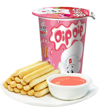 bimbo /宾堡 迪迪杯手指饼干蘸酱草莓巧克力味零食儿童棒棒饼干50g