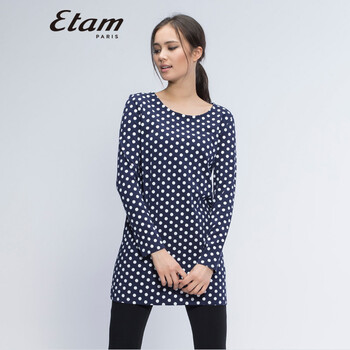艾格 ETAM 波点针织中长款T恤衫14082812540 藏青色 165/38/M