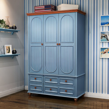 Wardrobe Solid Wood Mediterranean Wardrobe Lockers American Country Style Wardrobe Bedroom Furniture Pastoral Triple Closet Antique Blue Sanmen