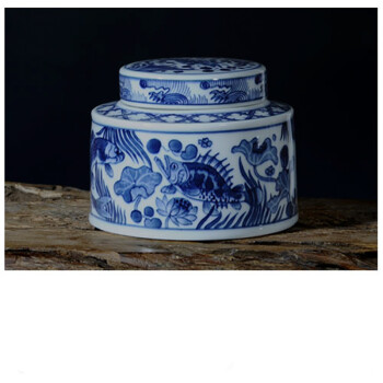 
                                        臻爵家饰 新品特价景德镇陶瓷 手绘青花瓷器储物仿古茶叶罐子 鱼藻茶罐                