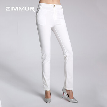 zimmur2015新款中腰休闲OL百搭长裤子RP75043587 白色 S