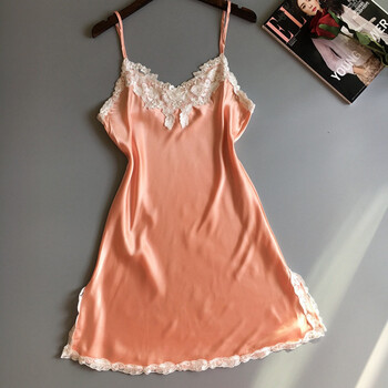 内衣 蕾丝边诱惑v领修身仿真丝质吊带睡裙性感丝绸睡衣家居服 夕粉色