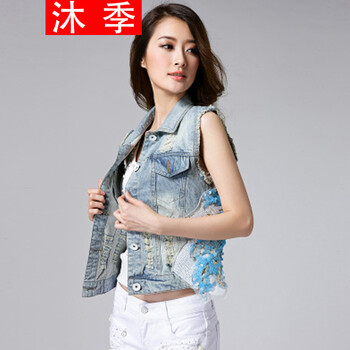 沐季春装新款时尚百搭修身女款破洞珠片牛仔马甲无袖短外套上衣 图色 XL