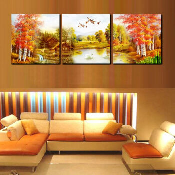 
                                        艺轩（YiXuan） 客厅装饰画沙发背景墙现代简约挂画风景山水画冰晶壁画无框三联墙画 秋景  天空带飞鸟 50*50 15MM布纹膜                