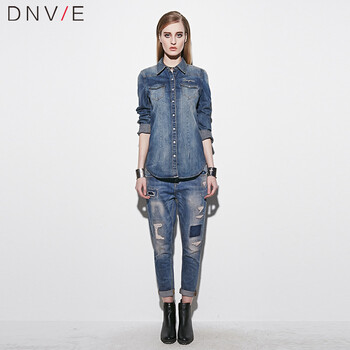 Dnvie秋装衬衣女款韩版加厚长袖牛仔衬衫女CS7029 蓝色 L