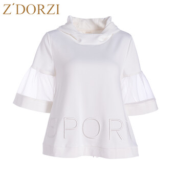 ZDORZI卓多姿  秋装新款女装欧美街头连帽字母刺绣拼欧根纱休闲T恤630021 米白 S