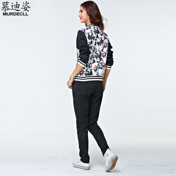 
                                        慕迪姿2015春季时尚印花运动卫衣长袖套装 女 W078 黑色 XXL                