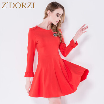 
                                        ZDORZI卓多姿 2016秋款女装韩版纯色鱼尾摆复古显瘦长袖连衣裙630699 橙红 M                