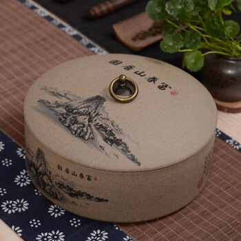 
                                        博度 粗陶普洱饼茶叶罐 陶瓷储存罐 大号茶罐陶罐 密封罐375g3饼装 富春山居图                