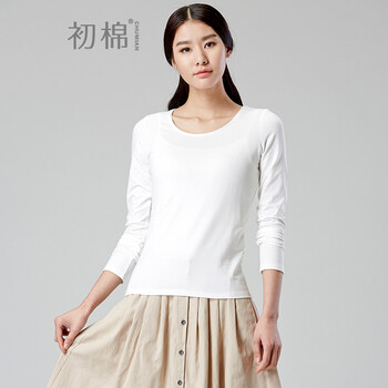 初棉2016春装纯色有机棉圆领套头长袖T恤修身内搭打底衫女 本白 M