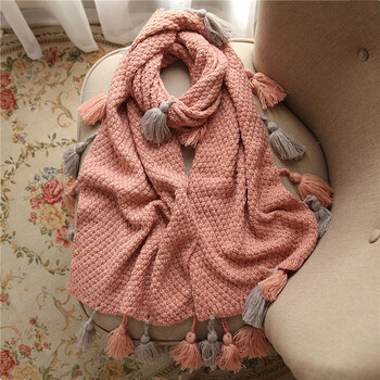 围巾女士冬季新挂须吊球流苏素色菠萝花针织围巾加厚保暖 w1285浅粉色