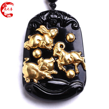 花之喜开光黑曜石镀金三合贵人亥卯未吊坠属猪兔羊饰品男女项坠