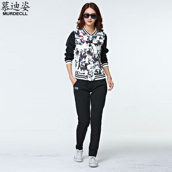 
                                        慕迪姿2015春季时尚印花运动卫衣长袖套装 女 W078 黑色 XXL                