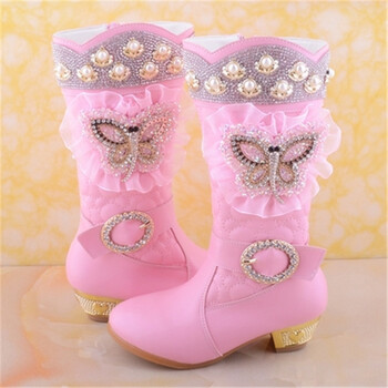 靴儿童长靴子时装靴女童高跟靴韩版高筒马丁靴 蝴蝶结粉色 27码/17