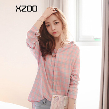 xzoo2015春季新款女装唯美格子长袖衬衫中长款女士衬衫 8605-C97 实物格子色 M