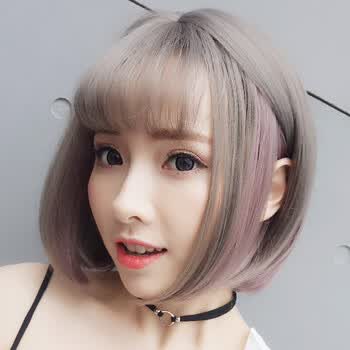 假发女短发bobo头内扣彩色挑染短卷发空气刘海假发 自然黑