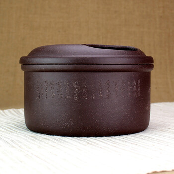 指间陶艺--宜兴紫砂茶叶罐 全手工普洱罐正品醒茶罐大号储茶罐包邮--牛盖刻画紫砂罐