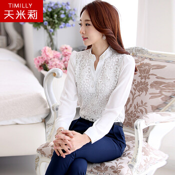 天米莉2015新品春装女士雪纺衫长袖钉珠V领泡泡袖钩花修身显瘦收腰高贵优雅白色舒适蕾丝衫 白色 L