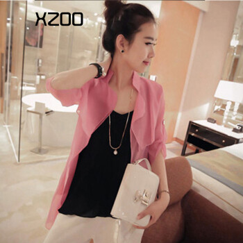 XZOO2015新款夏女装韩版短透明薄外套大码纯色空调衫 蓝色 L