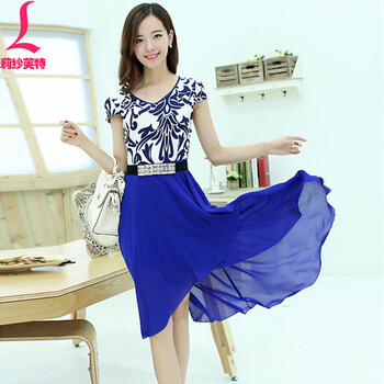 莉纱芙特 雪纺连衣裙夏韩版青花瓷修身燕尾裙 蓝色 xl