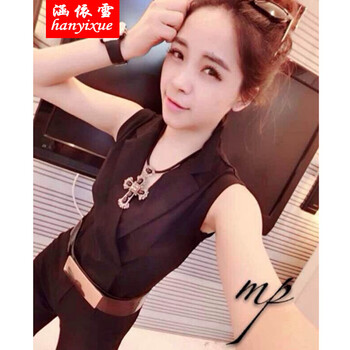 涵依雪2016夏季新款韩版深V领修身低胸性感夜店无袖女装显瘦小脚裤连体裤套装长裤 黑色 送腰带 L