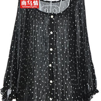 南乌情  2015女蝙蝠衫宽松韩版蝙蝠袖雪纺衫波点上衣 黑色 均码