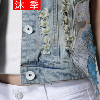 沐季春装新款时尚百搭修身女款破洞珠片牛仔马甲无袖短外套上衣 图色 XL