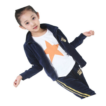 童装女春秋款中大童秋款运动宝宝衣服儿童天鹅绒套装 藏青 160