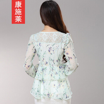 康施莱 2015春秋装气质淑女碎花雪纺衫长袖修身显瘦荷叶边上衣 图片色 S