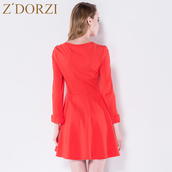 
                                        ZDORZI卓多姿 2016秋款女装韩版纯色鱼尾摆复古显瘦长袖连衣裙630699 橙红 M                