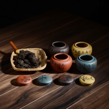 
                                        晨茗 原矿宜兴紫砂茶叶罐普洱茶缸 小号密封存茶储茶醒茶罐 梅兰竹菊四君子 经典款--兰                