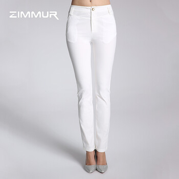 zimmur2015新款中腰休闲OL百搭长裤子RP75043587 白色 S