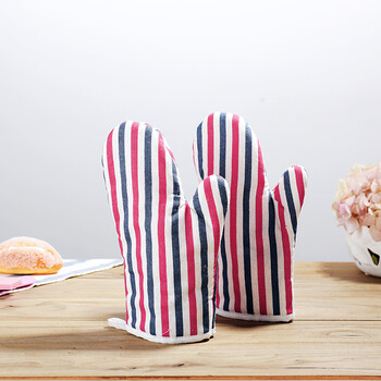 烘焙工具专用加厚隔热棉手套 微波炉烤箱专用棉麻手套两只装 玫红条纹