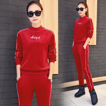 休闲运动套装女秋冬新款长袖修身运动服加绒加厚卫衣两件套潮 大红色