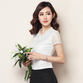 清仓 LUXLEAD洛诗琳 夏新款柯根纱绣花钉珠翻领时尚百搭蕾丝衬衫女 阳光白 L