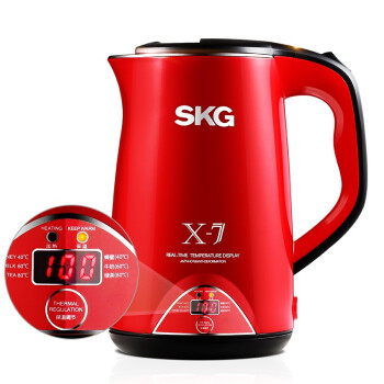 
                                        SKG电水壶1.7L304不锈钢电热水壶无缝内胆三层防烫三段保温水壶8041尊贵红                