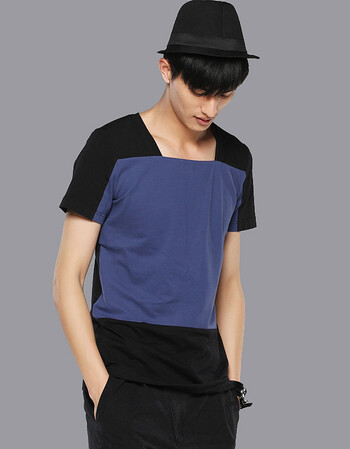 非池中 时尚男装 拼接 短袖t恤22230057 黑蓝 s