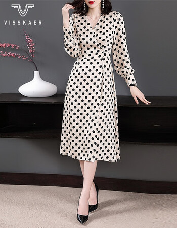 薇丝卡visskaer波点印花连衣裙2019春夏新款品牌女装欧美v领长袖收腰