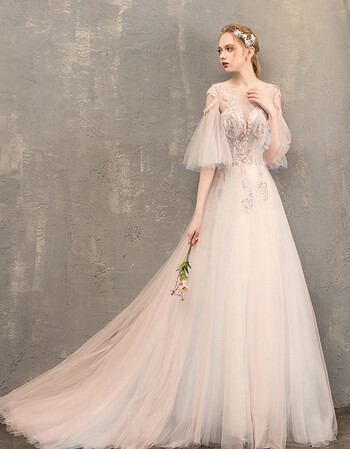 2019一字肩婚纱礼服简约新娘拖尾轻森系梦幻公主超仙显瘦 蓝粉色(图片