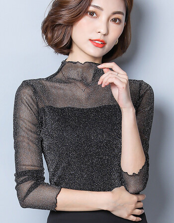 秋装2018新款女t恤韩版蕾丝衫长袖网纱上衣大码女装半高领打底衫 909