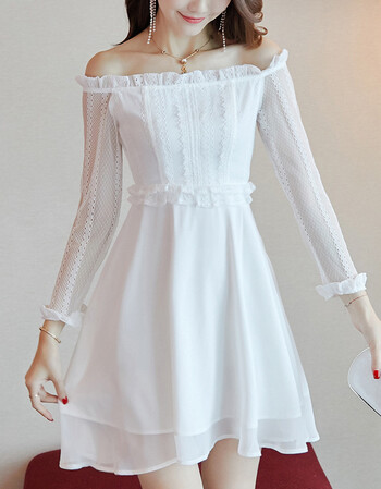 春尚新春装2019款女装初秋温柔风白色一字肩长袖连衣裙小礼服女复古