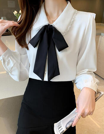 春秋新款娃娃领飘带蝴蝶结纯色雪纺衫衬衫女长袖法式泡泡袖职业衬衣