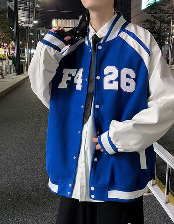 男生潮流18棒球服夹克棒球服男女潮牌宽松嘻哈情侣上衣蓝色刺绣双层m