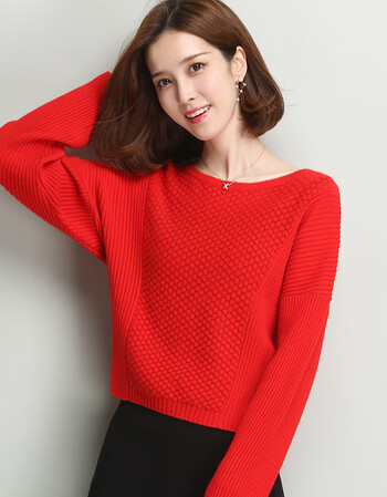 纯短款针织衫女 菱形花纹打底毛衫女 圆领保暖舒适 中国红 m160