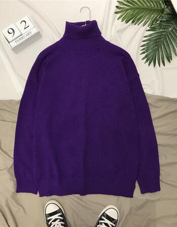 米娆高领毛衣男宽松秋冬季韩版针织衫套头纯色学生打底衫长袖 紫色 xl