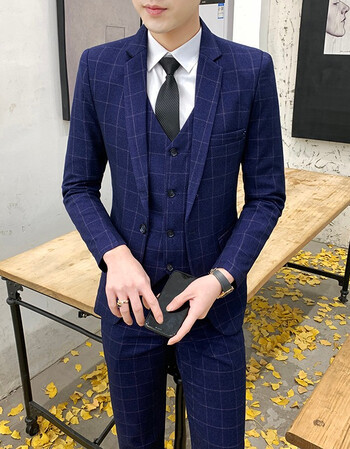 套装男士三件套韩版修身正装新郎结婚礼服英伦一粒扣小西装蓝色4xl