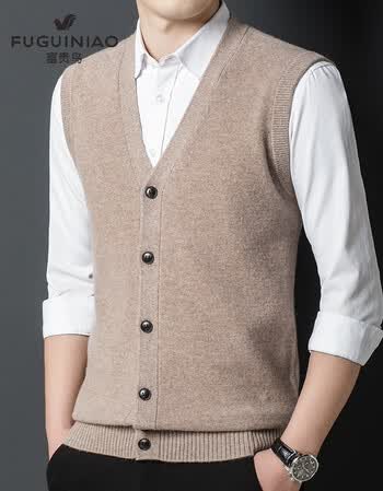 富贵鸟旗舰官方秋冬山羊绒背心男士无袖保暖羊毛开衫马甲毛衣坎肩秋冬